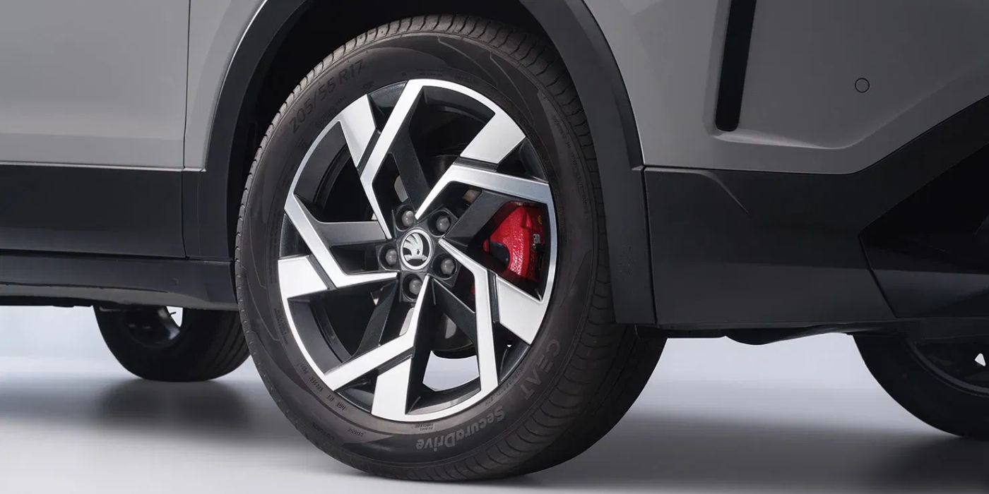 Kushaq alloy wheel with red brake caliper
